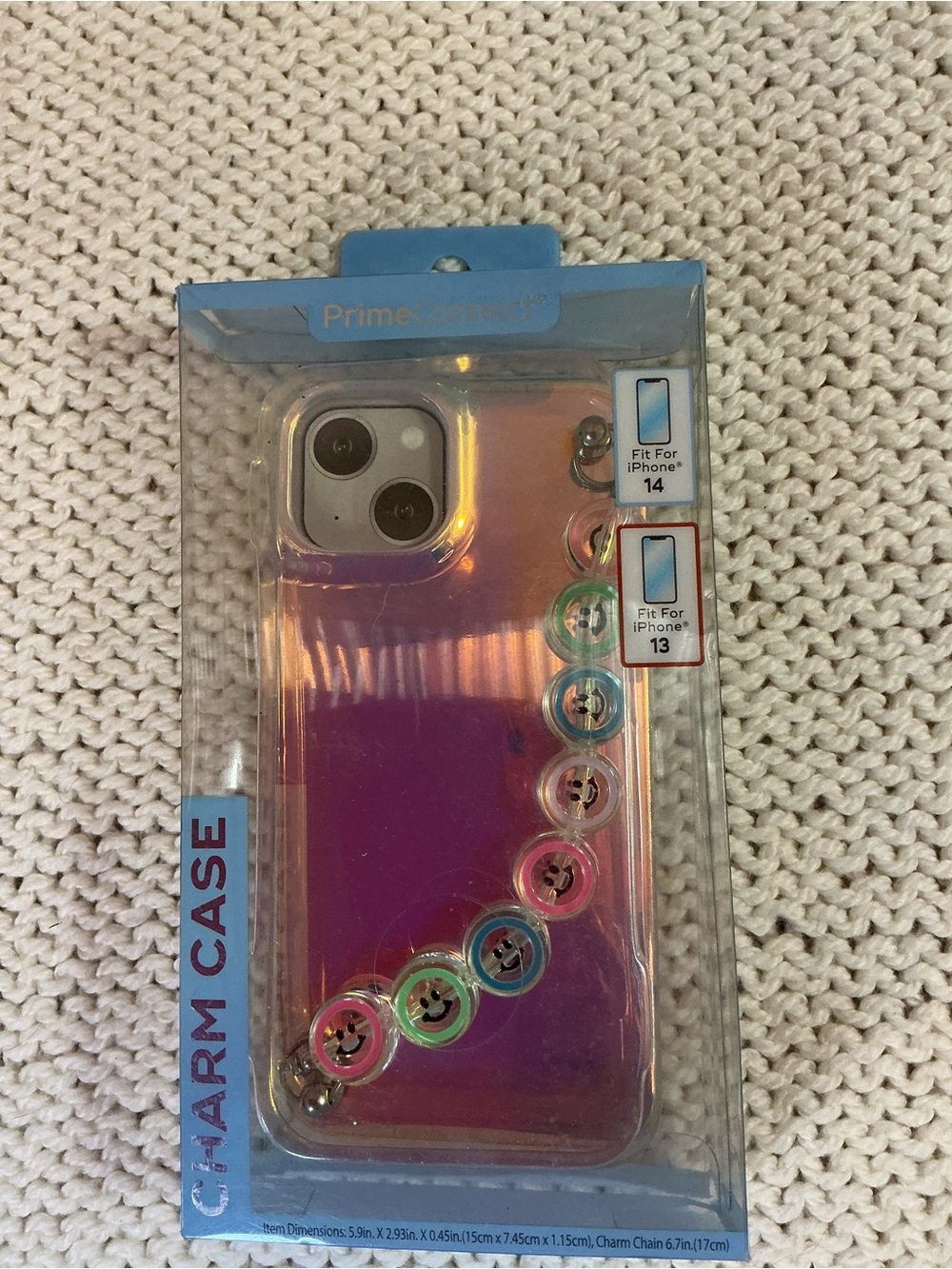 Iridescent Pink-Purple Charm Phone Case with Smiley Chain - Fits iPhone 13/14